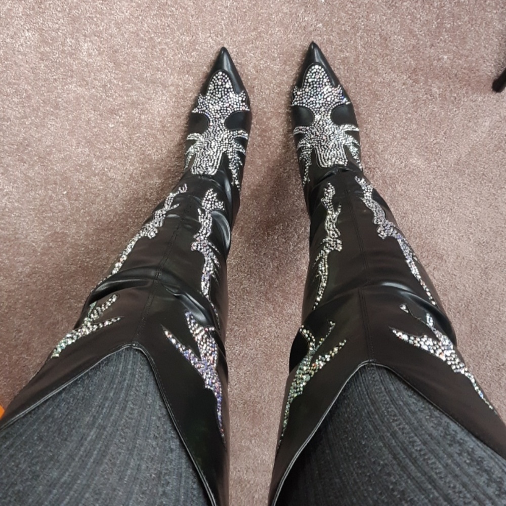 Black fitted 1000 rhinestones on fire thigh high - Picture 3 of 8